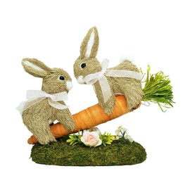 naturevibe 8.9 Inches Sisal Easter Bunny Decor on Carrot Seesaw, Natural Straw Easter Decorations Bunny Figurine on Moss Meadow as Spring Decor