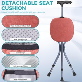 ENLUNTRA Portable Adjustable Folding Walking Cane with Seat and Cushion(Orange)，Cane seat for Seniors with Magnetic Massage Handle, Lightweight Walking Cane with LED Light，Supports up to 330 Pounds