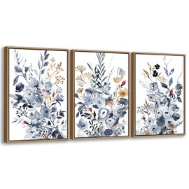 tigeridge Botanical Framed Wall Art - Floral Canvas Pictures Wall Decor Grey Blue Brown Flowers Painting Artwork Watercolor Style Prints for Living Room Home Decor 28 x 20in * 3, Natural Wood Frame