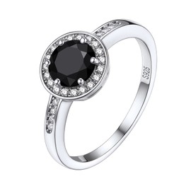 Eternal Love 1 Carat Black Round Gemstone Ring Women's White Gold Vermeil Silver CZ Crystal Band Rings Stackable Index Finger Ring, Dainty Cute Casual Ring Every Day Wear Jewelry, Size 9