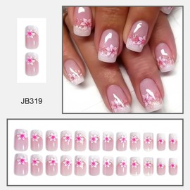 Flower Press on Nails Medium Square Fake Nails Pink Peach Flowers Glitter White French Tip Design Glossy Full Cover Reusable Artificial Floral Nail Stick on Nails for Women Salon Nail Art Decoration