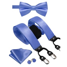 Hi-Tie Men Suspender Bowtie Set Suspenders Pre-tied Bow Tie Pocket Square Cufflinks Adjustable Y Shape 6 Clips Braces Tuxedo,Blue