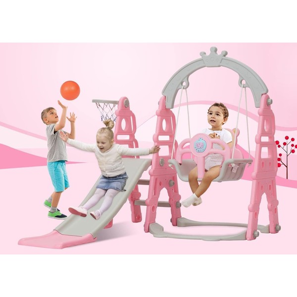 Kinsuite Toddler Swing Slide Set - 5-in-1 Toddler Swing for Indoor & Outdoor, Portable Baby Slide Toy with Basketball Hoop, Climber, Music Box for Rooms Backyard, Pink