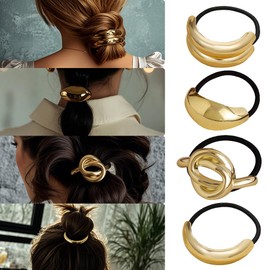 QKEPCY Pack of 4 Golden Hair Bobbles Women's Hair Scrunchies with Hair Gold Ponytail Cuff Ponytail Holder Hair Scrunchies Made of Metal Hair Bobbles Girls Braid Holder Dam Hair Cuff Scrunchies