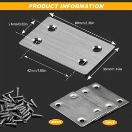 Mending Plates for Wood, 10 Pcs 2.4 x 1.5 Inch Metal Flat Mending Bracket Plates Stainless Steel Flat Straight Brace for Furniture