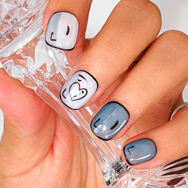Sethexy Short Square Artificial Nail Painted Cute Funny Handmade False
