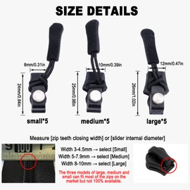 Pack of 15 Fix Zip Pulls, Zip Pendants, Zip Slider Replacement, Universal Zip, Zip Repair for Jacket, Backpack, Luggage, Sleeping Bag