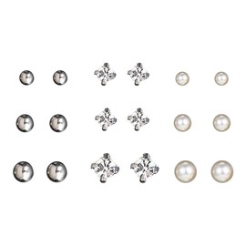 CZ Stud Pearl Earrings for Women Girls Hypoallergenic Earring Set Ear Studs Jewelry for Birthday Christmas Party Gifts Silver 9 Pairs