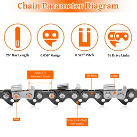 2 Pack 20 Inch Chainsaw Chain, Steel Chain Saw Chains 76 Drive Links 0.058" Gauge 0.325" Pitch Replacement Saw Chain Chainsaw Blade Repair Accessories for Tree Trimming