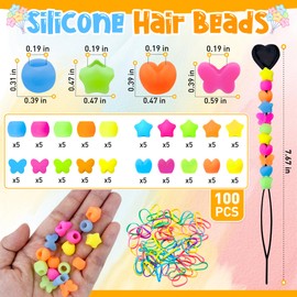 100Pcs Silicone Hair Beads for Kids Glow in the Dark, Mix Shapes Soft Colorful Rubber Pony Beads for Hair Braiding, Bracelet Making, DIY Jewelry Crafts, Keychains with Rubber Band and Quick Beader