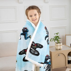 Dirt Bike Fleece Blanket Twin Size, Extreme Sport Throw Blanket for Kids Boys Teens, Motorbike Sport Plush Bed Blanket Motocross Rider Fuzzy Sherpa Blanket for Bedroom Living Rooms Sofa Couch, Blue