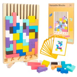 VORHOT Tetris Wooden Game, Wooden Tetris Montessori Toy from 3 4 5 Years, Wooden Puzzle Stacking Stones Children's Educational Toy Wooden Toy, Brain Toy with 10 Cards, Gift for Boys Girls