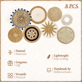 Set of 8 Wall Basket Decor Boho Wall Hanging Decor Rattan Wall Decor Flat Round Wicker Woven Macrame Tassels Tapestry Bamboo Wall Basket Serving Tray Art Handmade Set for Room Bedroom Living Room
