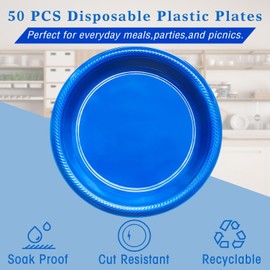 BONSINY 50 Pcs Blue plates 10 Inch Plastic Plates Disposable - Blue Plastic Plates for Party Birthday Patriotic Day Graduation Party