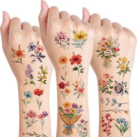 Qpout 106pcs Flower Temporary Tattoos for Women Girls,Watercolor Wildflower Floral Fake Tattoo Stickers for Face Body Art Kids Birthday Party Favors Makeup Supplies（20 Sheets）