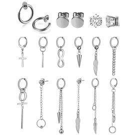 Cupimatch 18 Pcs Hoop Dangle Earrings Stainless Steel Huggie Hinged Long Chain Pendant Hoop Earrings Magnetic Cubic Zirconia Stud Earrings