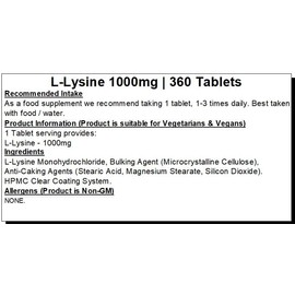 L-Lysine Tablets 1000mg - 360 Pills - Vegan