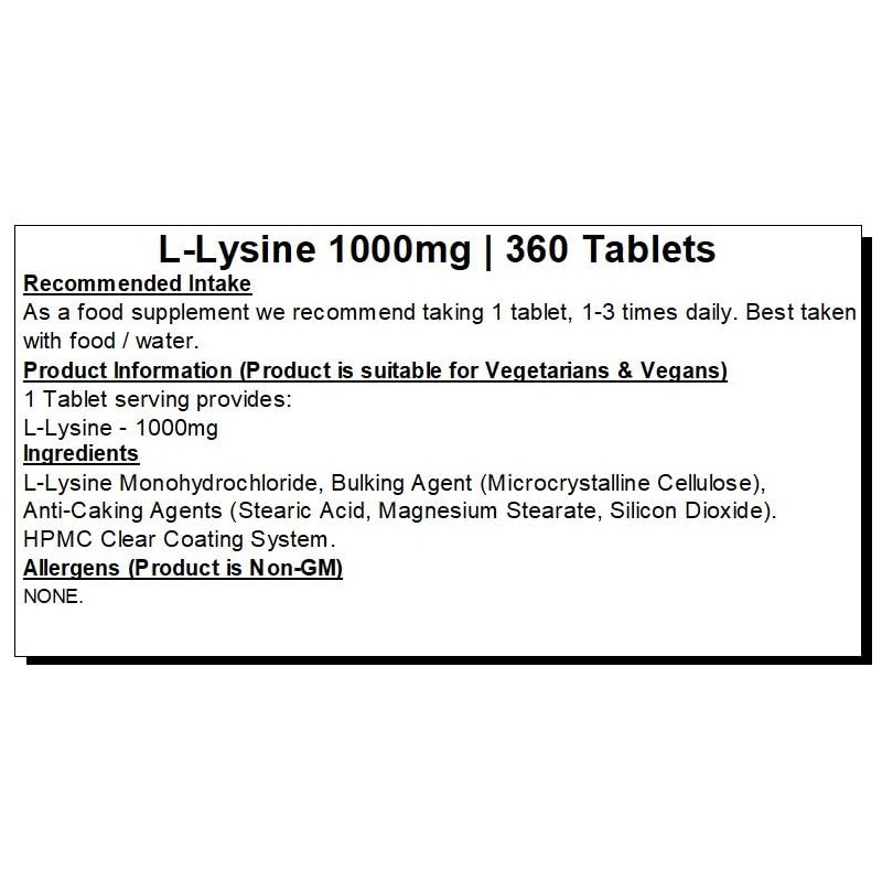 L-Lysine Tablets 1000mg - 360 Pills - Vegan