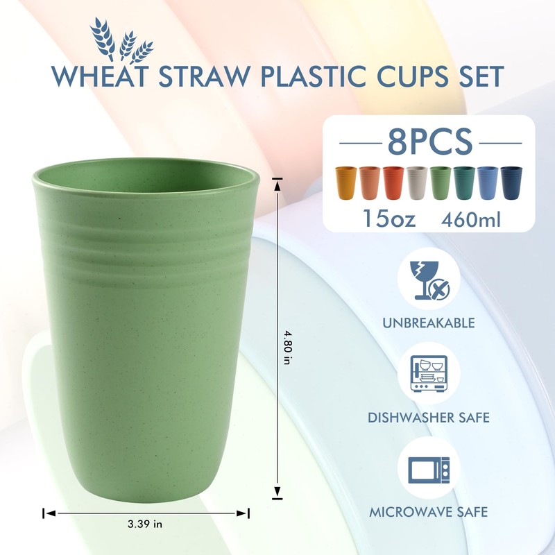 HOTEC 8-Pack 15oz Plastic Cups, BPA-Free Reusable Drinking Cup set,