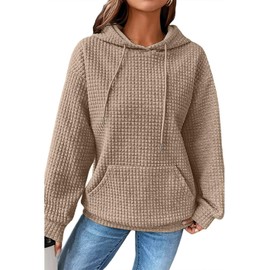 SELINK Hoodies For Women Casual Pullover Waffle Long Sleeve Drawstring Hooded Sweatshirt with Pocket Khaki-XXL