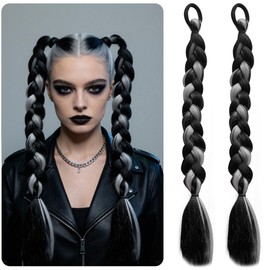 2 Pcs Brown Black Gray Braided Ponytail Extensions with Rubber Band 17.7 Inch Synthetic Twist Braid Hair Extensions Fake Braided Ponytail Hair Accessories for Women Girls Daily Party Halloween Cosplay