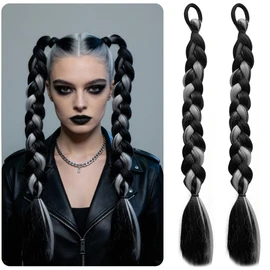 2 Pcs Brown Black Gray Braided Ponytail Extensions with Rubber Band 17.7 Inch Synthetic Twist Braid Hair Extensions Fake Braided Ponytail Hair Accessories for Women Girls Daily Party Halloween Cosplay