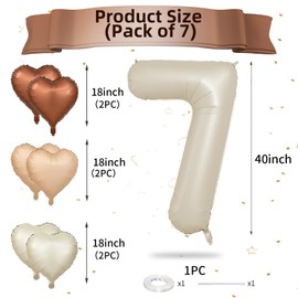 Biapian 40 Inch Cream White Number 7 Balloons, Beige White Large Number 7 Balloons with 18'' Cream Foil Heart Balloons Helium for Boys Girls 7th Birthday Decorations Baby Shower Party Supplies
