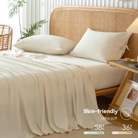 COTTEBED Bed King Sheet Set, Lightweight Super Soft Easy Care Washed Polycotton, Vintage Wrinkle Look, 4 Piece Bedding Sheet Sets with 16 Inch Deep Pocket for Women Men All Seasons, Ivory Beige Solid