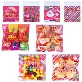FamEaze Christmas Cellophane Bags, 100 PCS Christmas Cellophane Treat Bags Self Adhesive Clear Cookie and Candy Bags for Christmas Party Favors Supplies, 4 * 4 Inches (4 Style)