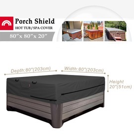 Porch Shield 600D Waterproof and Fade Resistant Outdoor Hot Tub Cover 80 x 80 inch fit 79 x 79 or 78 x 78 or 77 x 77 Square SPA Cover Protector, Black