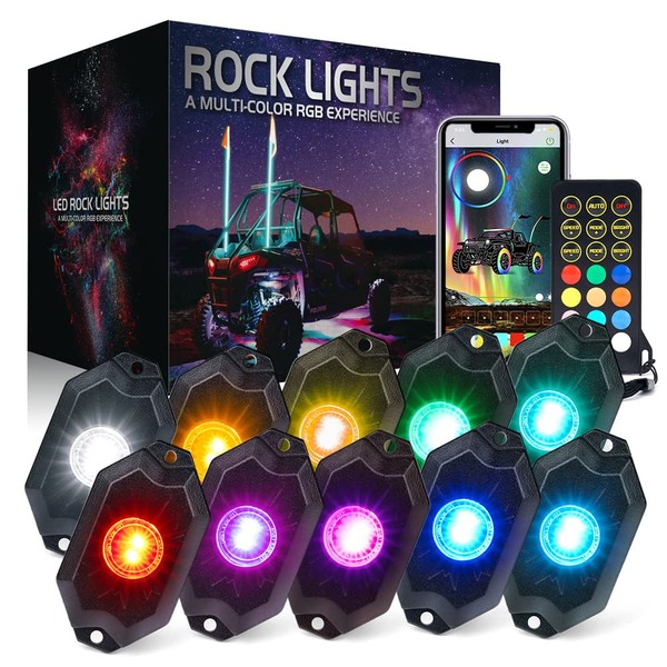 Xprite RGBW LED Rock Lights Kit with Bluetooth & Wireless Remote Controller, Multicolor Cars Underglow, Wheel, Footwell Neon Light Kits, for Off-Road UTV ATV Trucks SUV Motorcycle Boats - 10 Pods