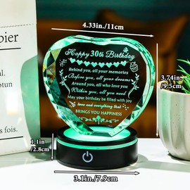 YWHL 30th Birthday Gifts for Women Men, Crystal Heart with Colorful Light Base Happy 30th Birthday Decorations, Gifts for 30 Year Old Sister Daughter Son Friends Wife Husband