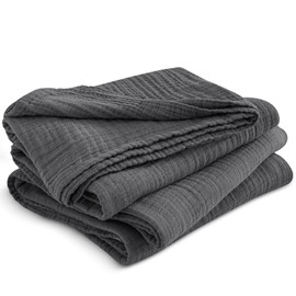 PHF 100% Cotton Muslin Throw Blanket Single Size 130x150cm, 4-Layer Ultra Soft Lightweight Breathable Gauze Blanket for Summer, Elegant Home Decoration for Couch Sofa Bed, Black