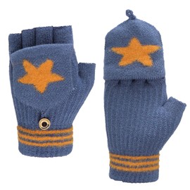Winter Convertible Flip Top Mitten Gloves Kids Primary Students Knit Writing Five-pointed Star Half Fingerless Gloves with Flap Cover Cycling Running 5-10 Years Boys Girls Daily Use Warm Gloves