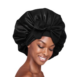 Red by Kiss Silky Satin Tie Bonnet – Adjustable Tie & Elastic for Secure Fit, Protects Natural and Relaxed Hair, Protective Styles, Anti Breakage (Black, XL)