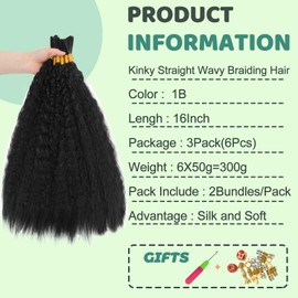 XIIMENALU Kinky Straight Wavy Braiding Hair for Boho Braids Wet and Wavy Bulk Hair for Braiding No Weft Yaki Straight Bulk Hair for Micro Braiding Rebundle Braids (1B#, 16inch(3pack(6pcs)))