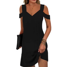 Soesdemo Womens Summer Black Dress Cold Shoulder V Neck Floral Printed 2024 Fashion Sundress with Pockets