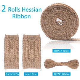 Hessian Ribbon, 10M Natural Ribbon, Burlap Fabric Ribbon Rolls, Twine Ribbon with String, Natural Twine Ribbon, Vintage Jute Ribbon for Crafting Gift Wrapping Wedding (2.5/4cm Width)