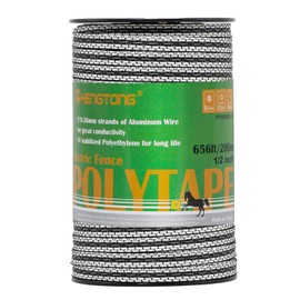 Electric Fence Poly Tape, Heavy-Duty Sure Shock PVC, Electric Fence for Livestock, 656ft(200m), 1/2 Inch, White and Black