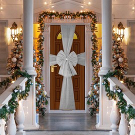 SHATCHI Christmas Door Bow 3 Pieces Christmas Door Bow - Silver 7.5m Diamond Giant Arch Door Cover - Front Door Decorations for Christmas Wedding Baby Shower Outdoor Home Decor, Organza