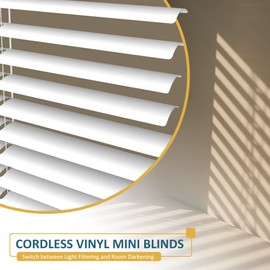 KCO Mini Blinds for Windows Cordless Horizontal Window Blinds and Shades, Vinyl Venetian Blinds Anti-UV Waterproof Light Adjustment Mini Blinds, 36" W x 64" L, White