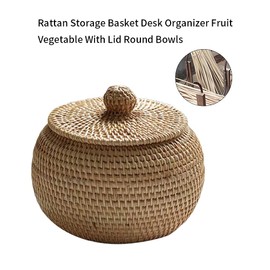 Fiacvrs Rattan Round Fruit Basket Bowls with Lid Food Round Bowls Organizer Container for Fruit, Vegetable,Rattan Storage Basket Desk Organizer (size:15 * 12cm)
