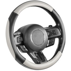 SEG Direct Car Steering Wheel Cover for Medium Standard Size Steering Wheels with 14 1/2-15 inches Outer Diameter, Black and Gray Microfiber Leather