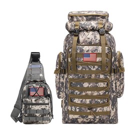 Jumahe Tactical Backpack for Men with Tactical Sling Bag Hiking Day Pack Molle Military Rucksack Waterproof 75L with USA Flag with small Crossbody Chest Pack anything  backpack Large Water-Resistant Travel Backpack - Color: Grey
