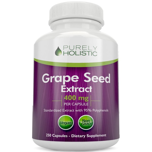 Purely Holistic Grape Seed Extract 20,000mg - 250 Vegan Capsules - 8+ Month Supply - Standardized to 95% Polyphenols - 400 mg per Capsule - Maximum Strength Grapeseed - Non-GMO & Pesticide Free