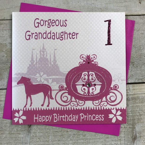 WHITE COTTON CARDS Gorgeous Granddaughter Happy Princess, Handmade 1st Birthday Card (Horse & Carriage, Age 1)