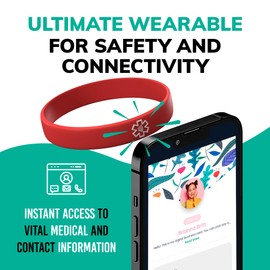 CONTACT CO. Smart Emergency ID Silicone NFC Wristband, Vibrant Smart Band with App-Free Sharing, Seamless Band for Tech Enthusiasts and More, Red