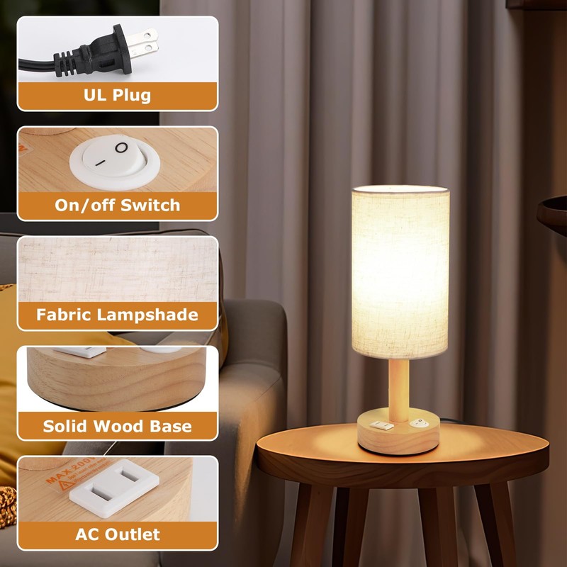 Small Bedside Table Lamp with AC Outlet, Natural Wood Base