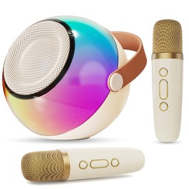 D25 Mini Karaoke Machine with Dazzling Lights and Wireless Microphones - Specification: Beige-1 Mics