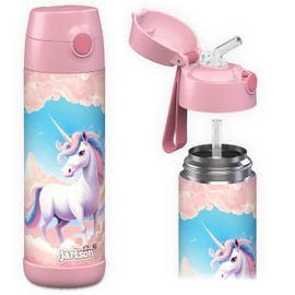 Jarlson® Kids Water Bottle CHARLI [18OZ] - Stainless Steel Thermos Bottle with Straw - Insulated Waterbottle Spill Proof for School & Sports - Thermo Tumbler for Boys & Girls (Unicorn)
